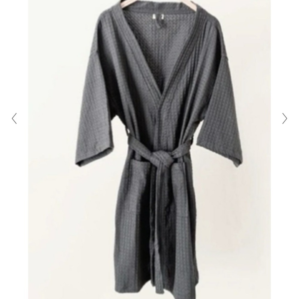 Gray waffle knit robe.